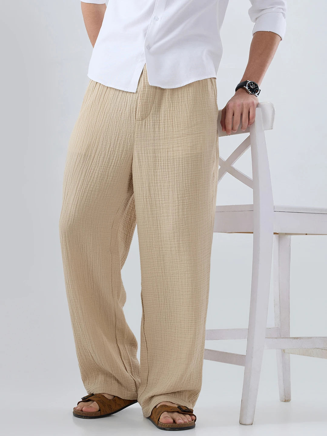Tuscan Beige Double Cloth Straight Fit Trousers
