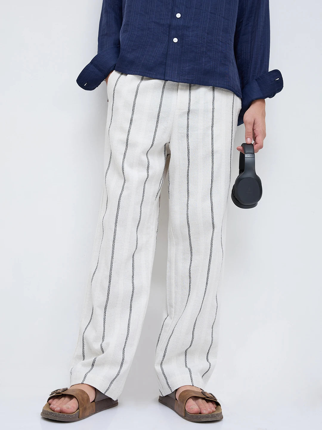 Artisan Off-White Wavy Striped Straight Fit Trousers