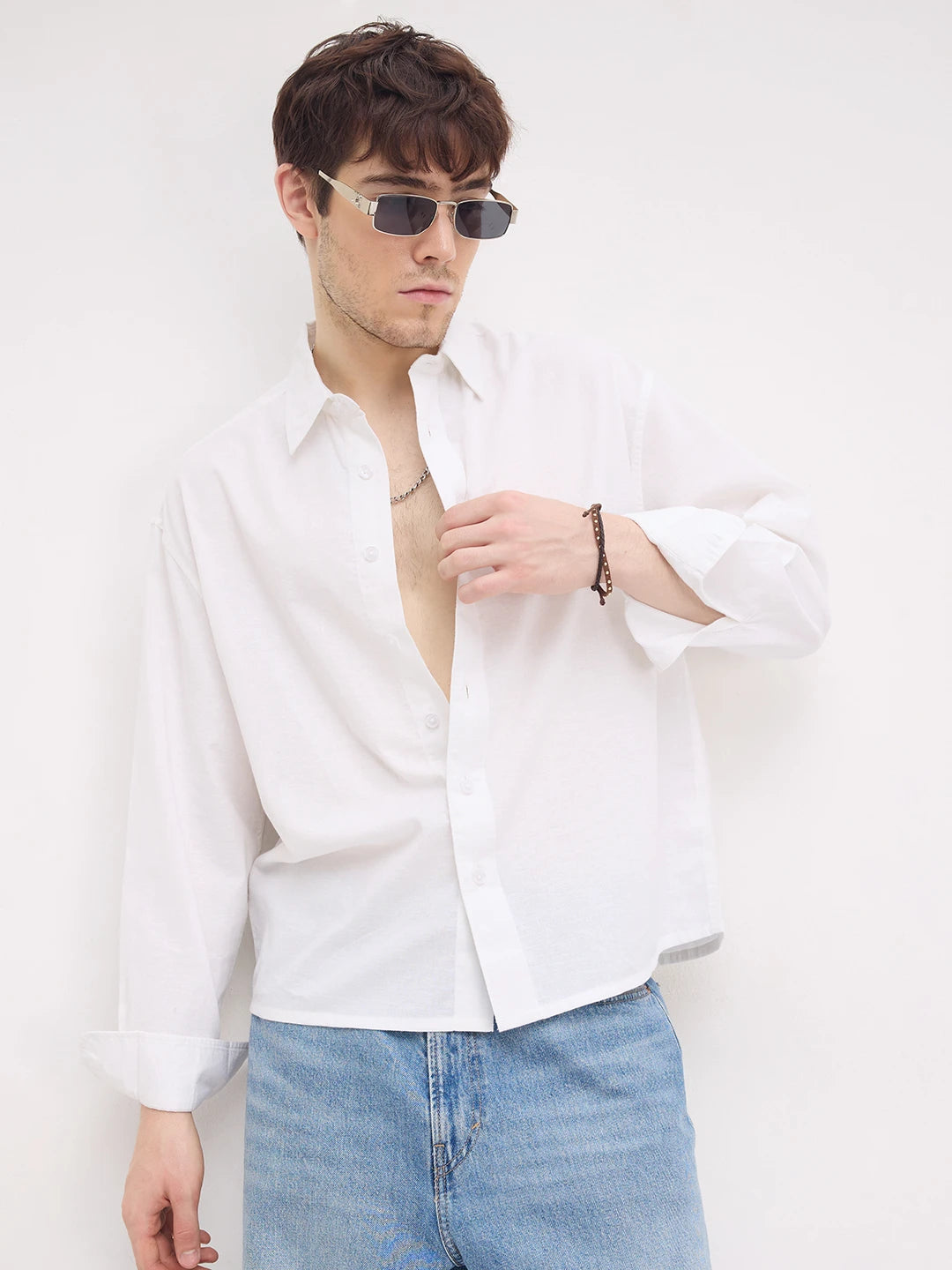 Pearl White Linen Blend Boxy Fit Crop Shirt
