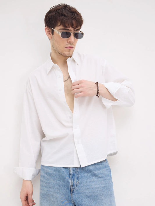 Pearl White Linen Blend Boxy Fit Crop Shirt