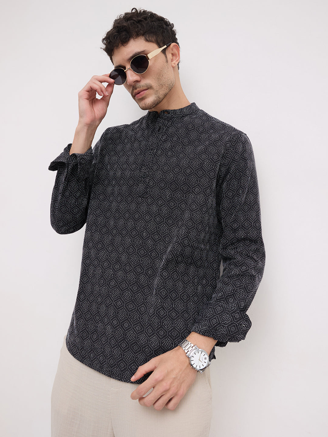 Distinguished Black Contrast Hexagon Textured Kurta