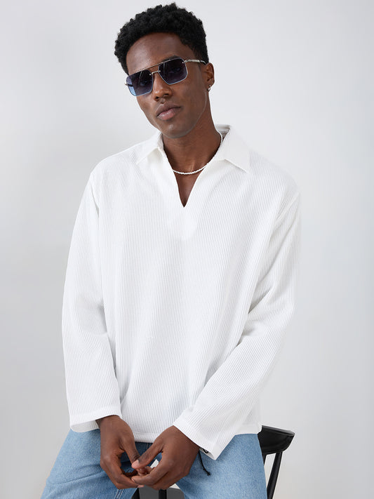 Snow White Refined Textured Knitted Oversized Polo Shirt