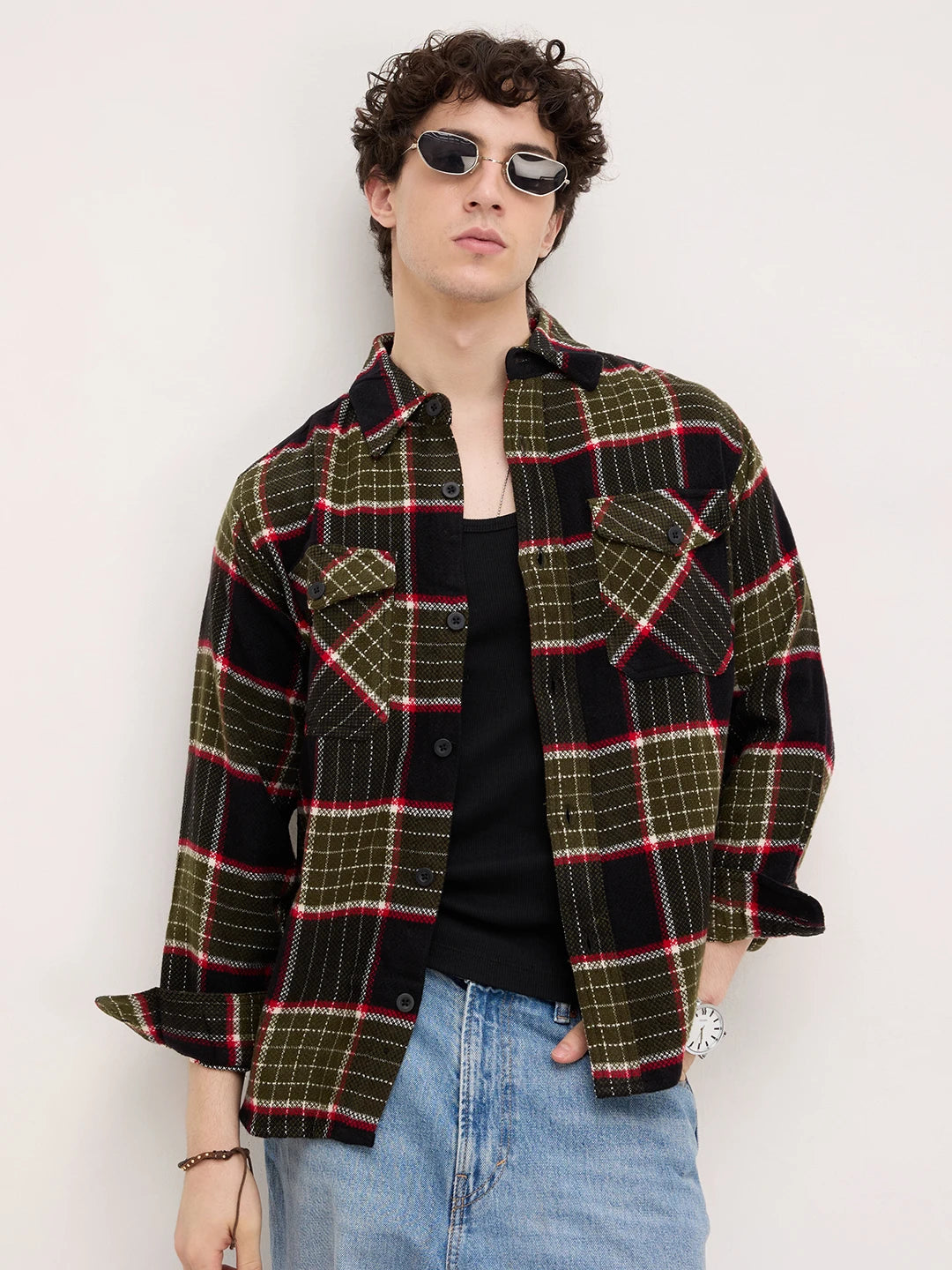 Premium Red & Olive Checks Double Pocket Boxy Fit Crop Shirt