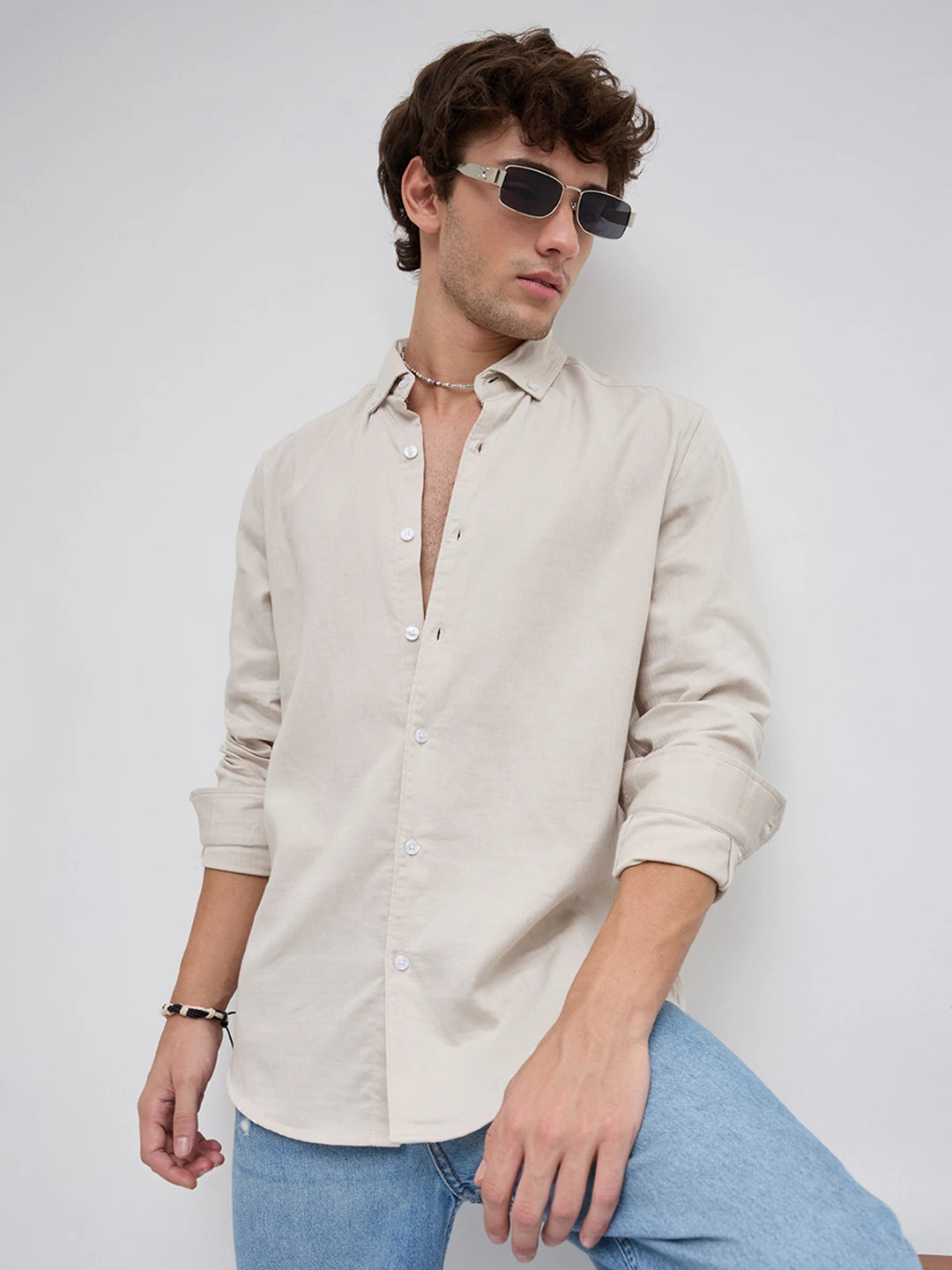 Creamy Beige Herringbone Textured Button-Down Shirt