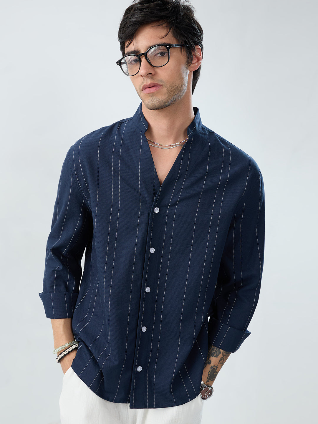 Refined Navy Pinstripe Stand-Collar Oversized Shirt