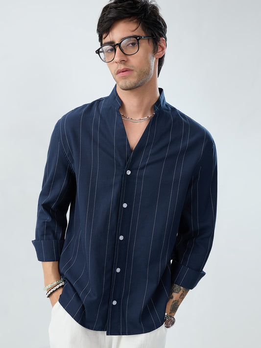 Refined Navy Pinstripe Stand-Collar Oversized Shirt
