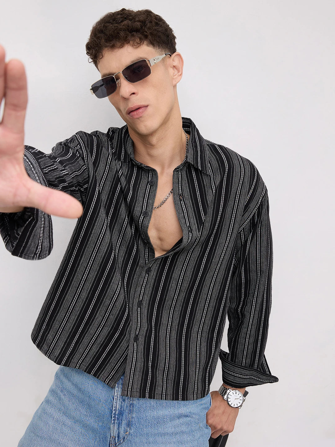 Artisan Monochrome Contrast Striped Boxy Fit Crop Shirt
