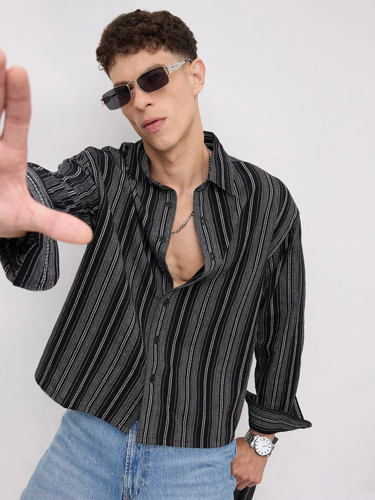 Artisan Monochrome Contrast Striped Boxy Fit Crop Shirt
