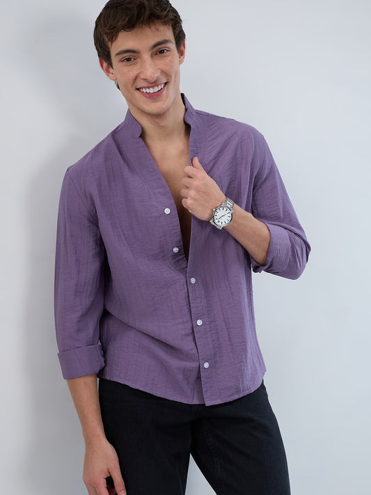 Chinese Violet Crinkled Stand Collar Oversized Shirt