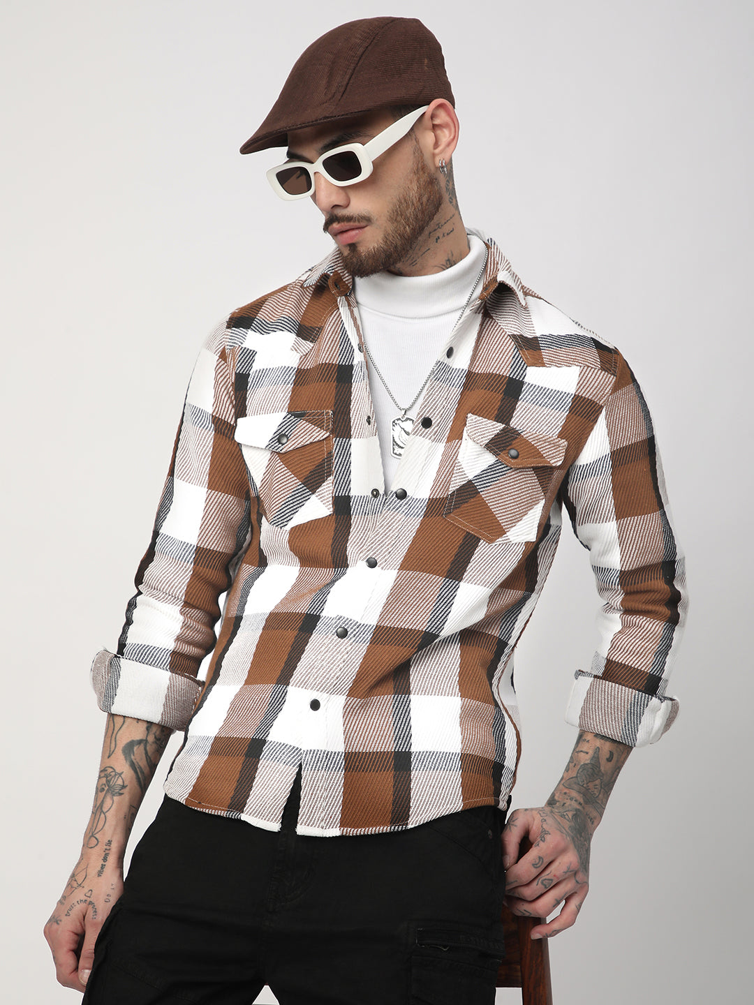 Brown & White Heavy Twill Jacquard Double Pocket Shirt