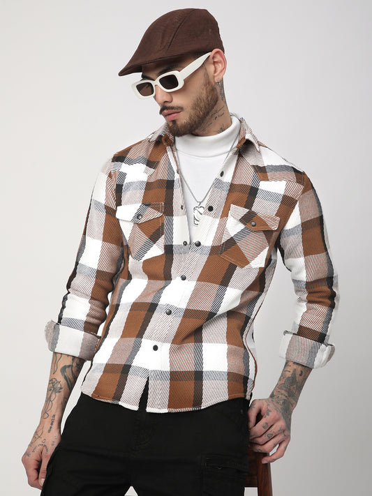 Brown & White Heavy Twill Jacquard Double Pocket Shirt