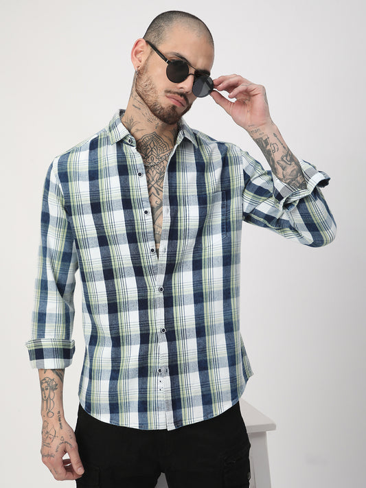 Tea Green & Navy Plaid Checks Corduroy Shirt