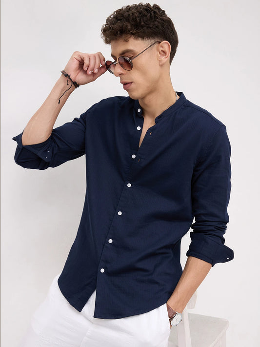 Navy Herringbone Textured Mandarin Shirt