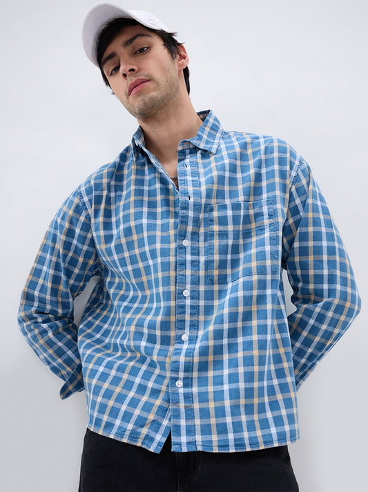 Denim Blue & Beige Comfort Checks Boxy Fit Crop Shirt