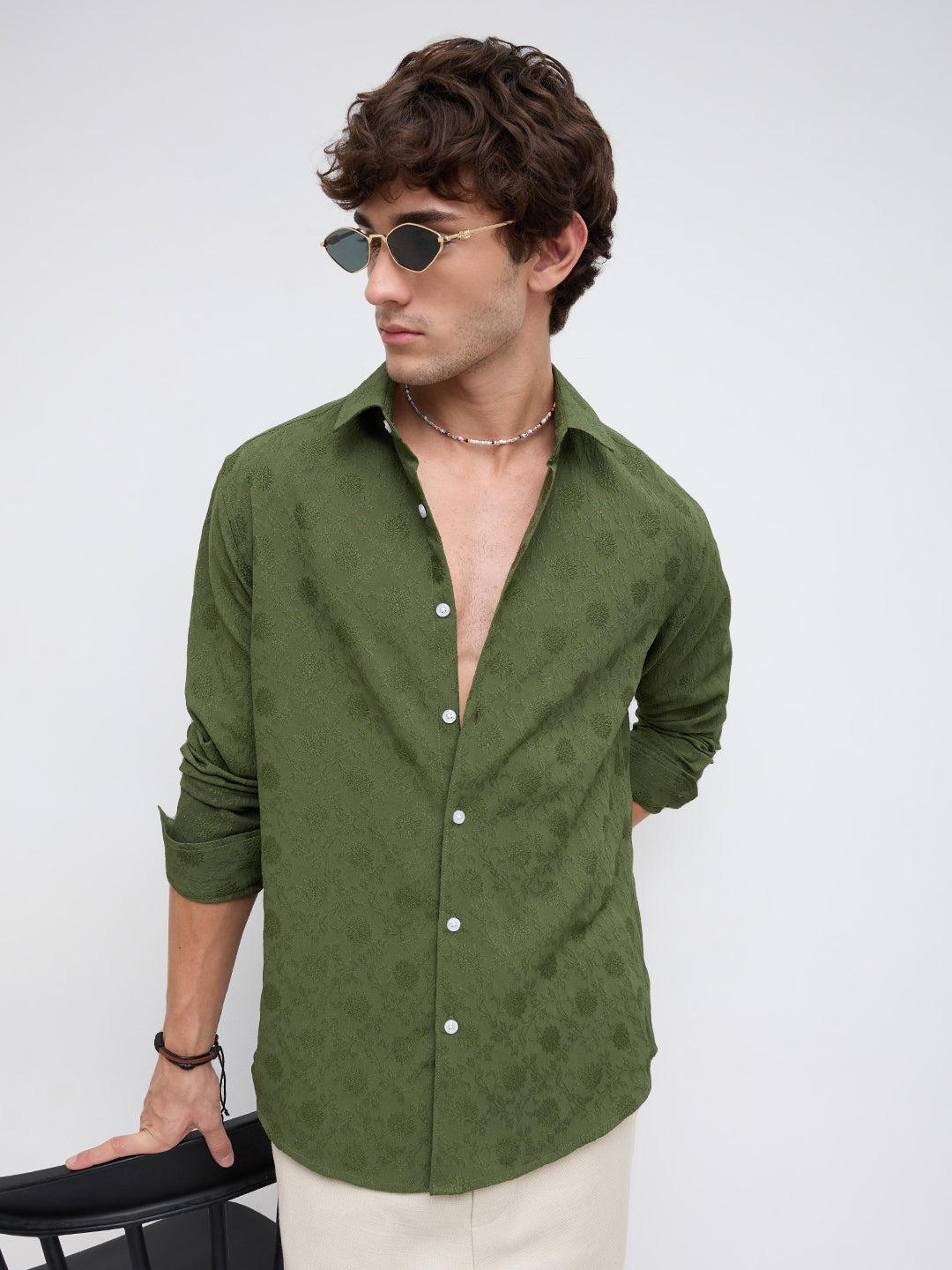 Refined Forest Green Floral Textured Shirt