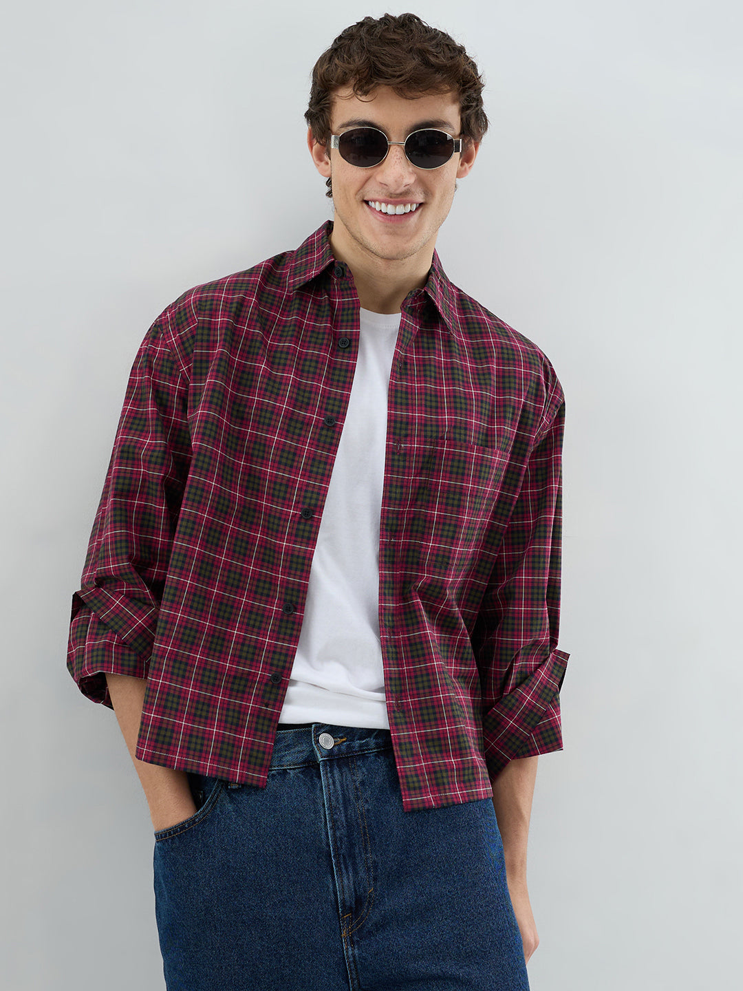 Pink & Olive Plaid Checks Cuffless Oversized Crop Shirt
