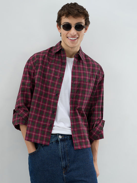 Pink & Olive Plaid Checks Cuffless Oversized Crop Shirt