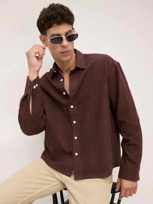 Brunette Brown Double Cloth Gauze Textured Boxy Fit Crop Shirt
