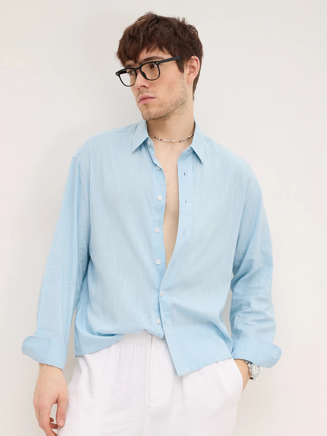Arctic Blue Fine Textured Boxy Fit Crop Shirt
