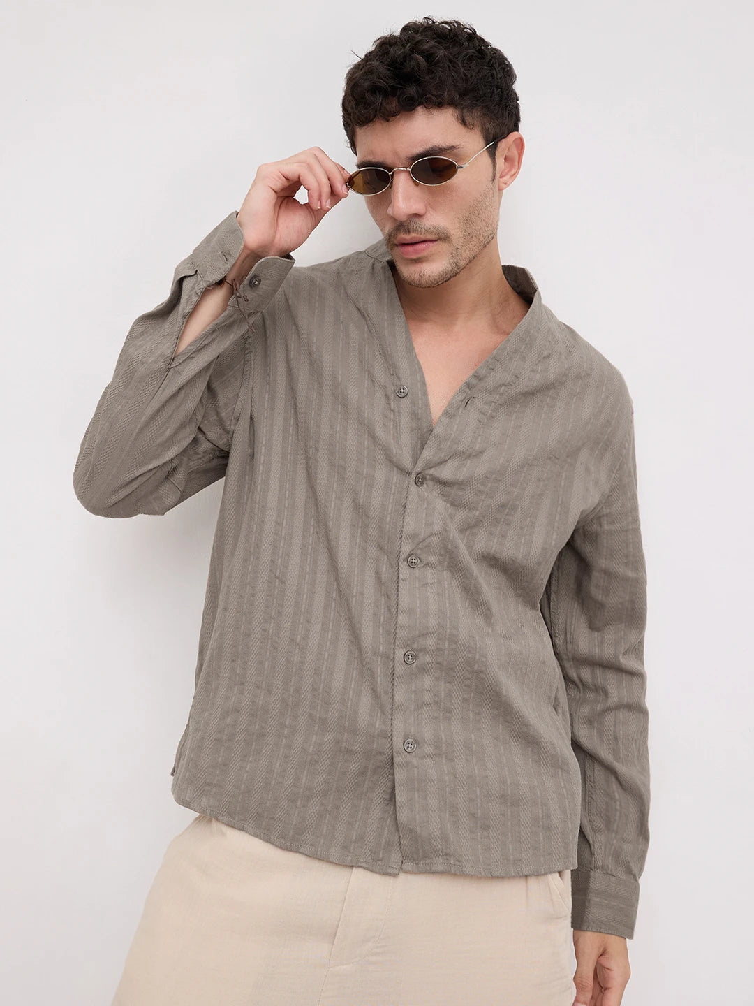 Detailed Olive Striped Stand Collar Oversized Shirt