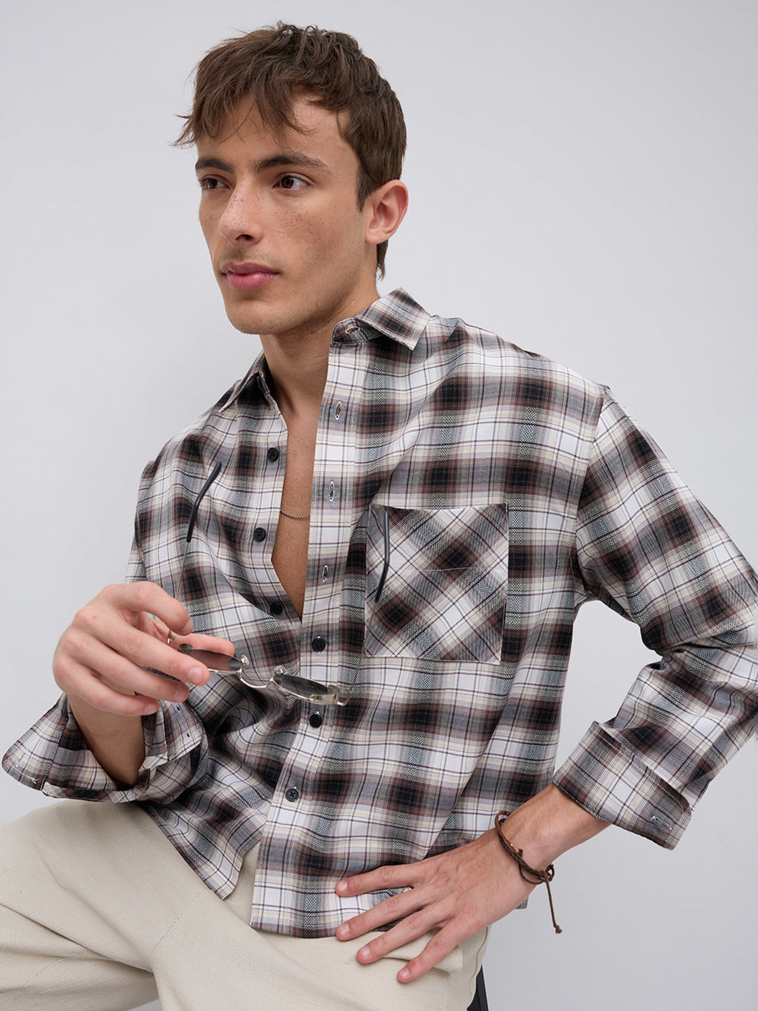 Brown & Ivory Crosshatch Checks Boxy Fit Crop Shirt