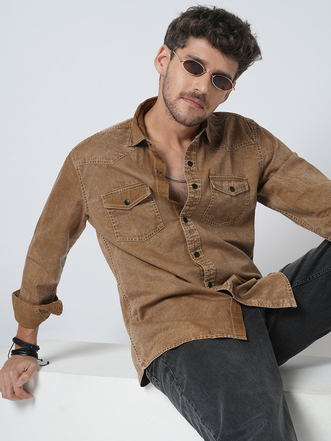 Rustic Bronze Acid Wash Double Pocket Shirt