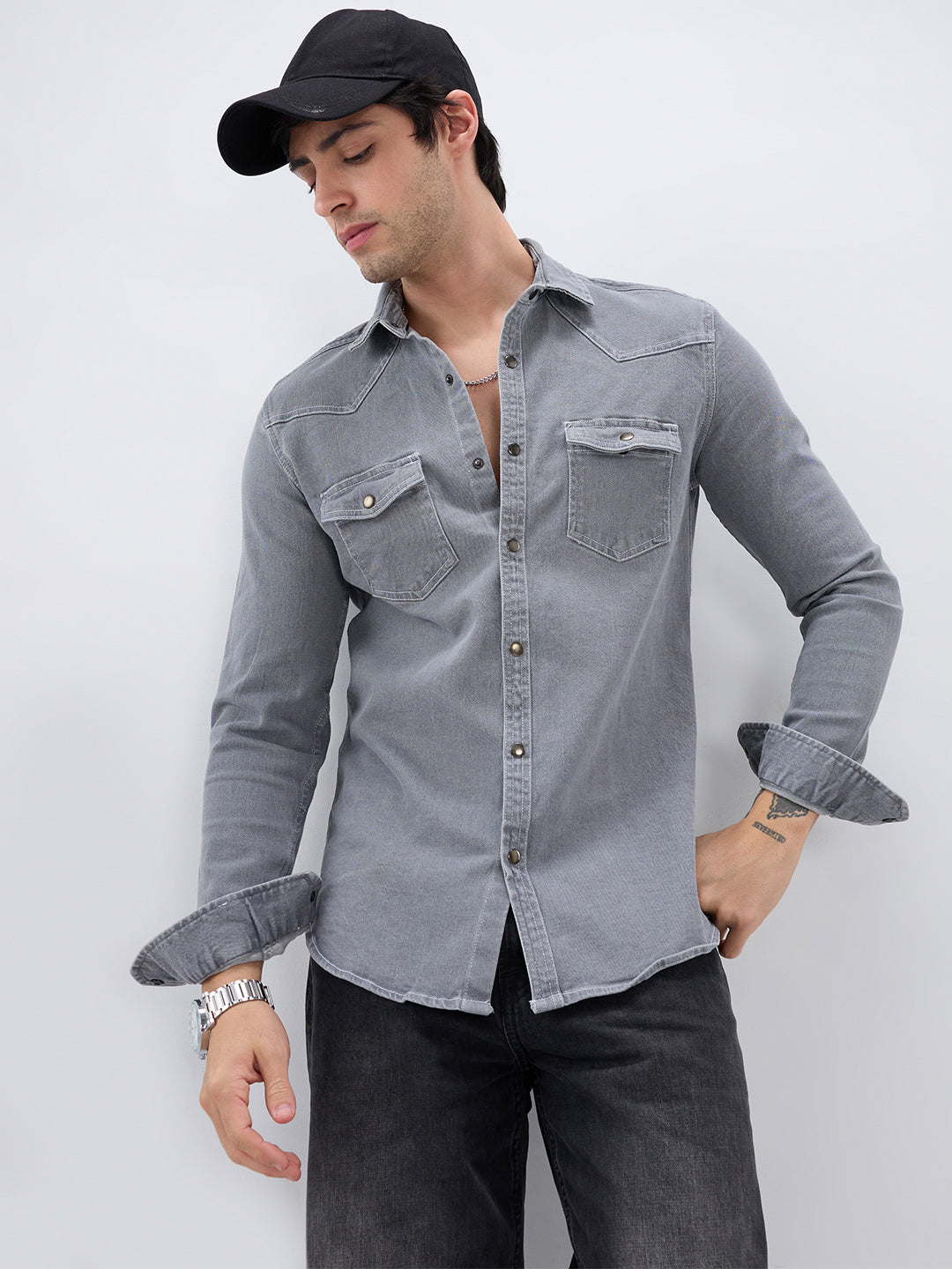 Vintage Grey Denim Double Pocket Overshirt