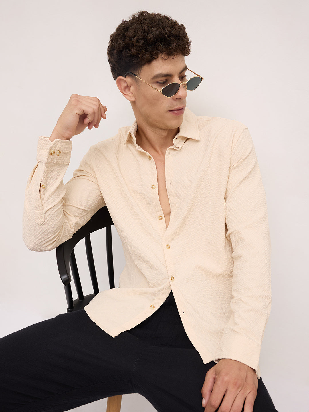 Oyster Cream Geometric Textured Shirt