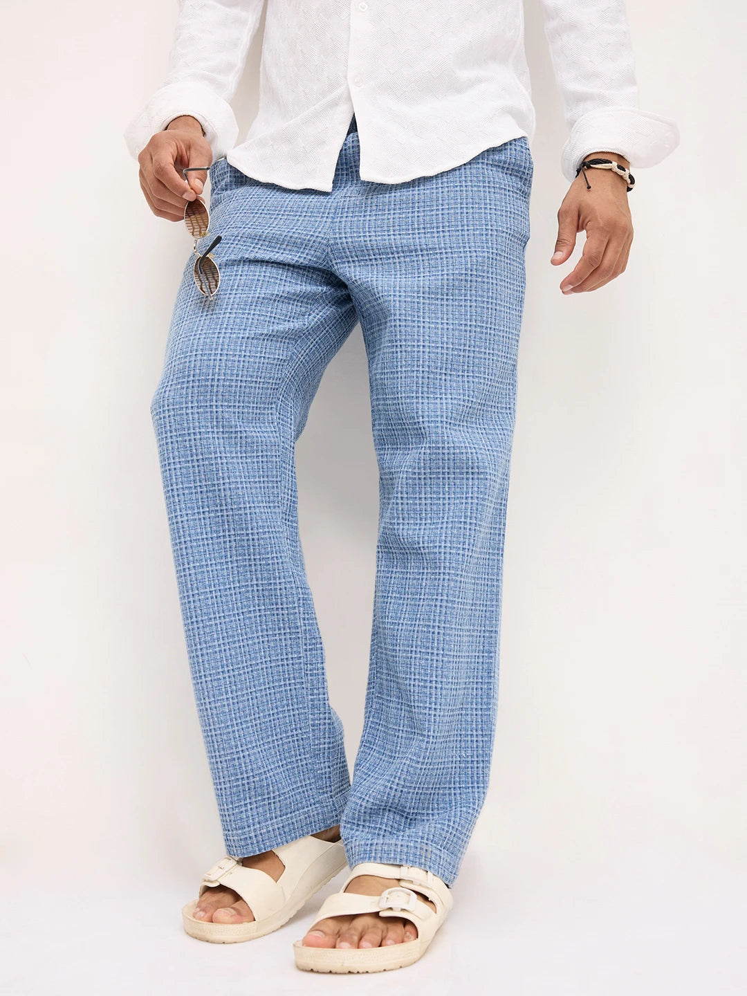Denim Indigo Geometric Weave Straight Fit Trousers
