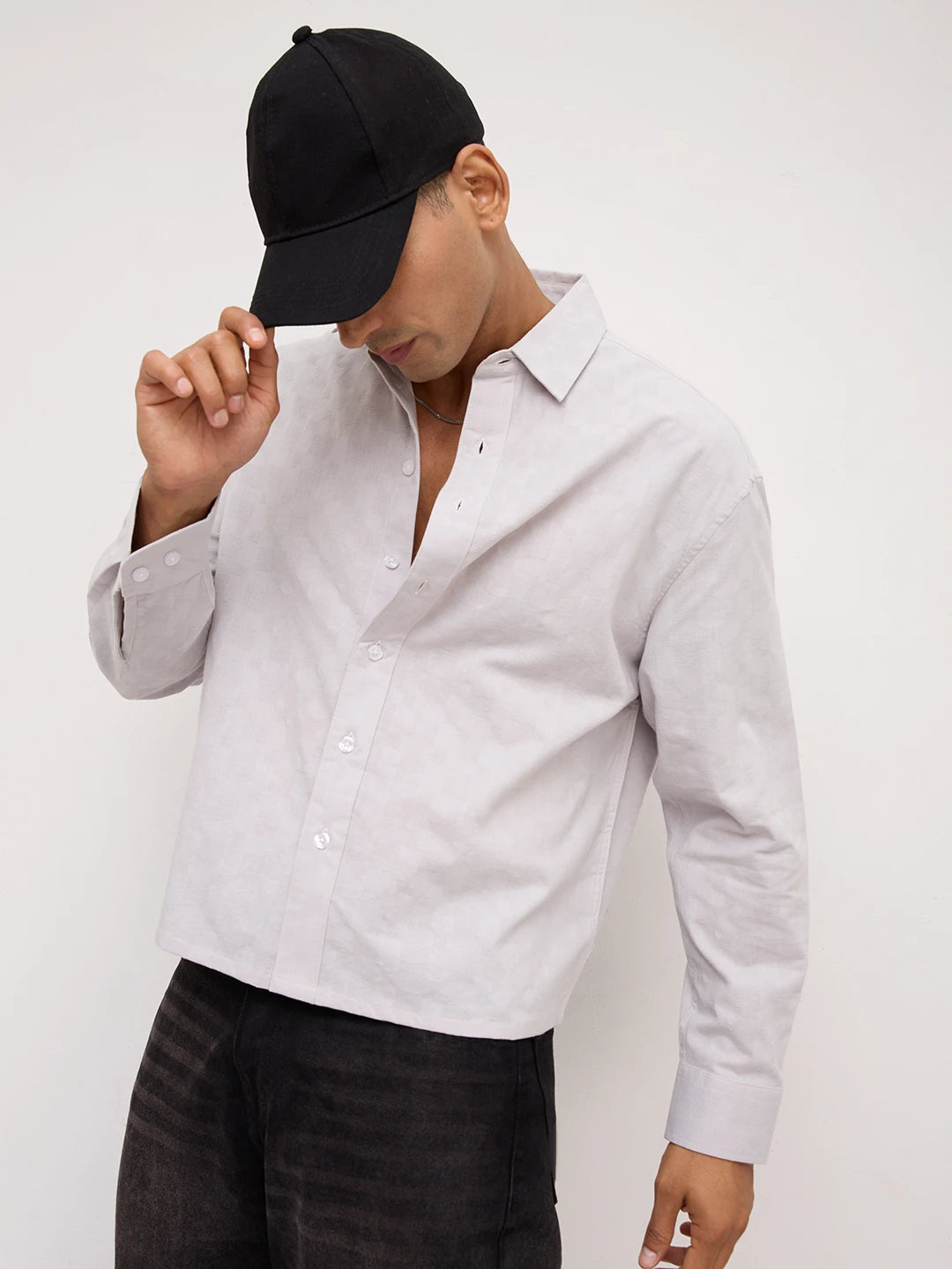 Luxe Grey Square Embossed Boxy Fit Crop Shirt