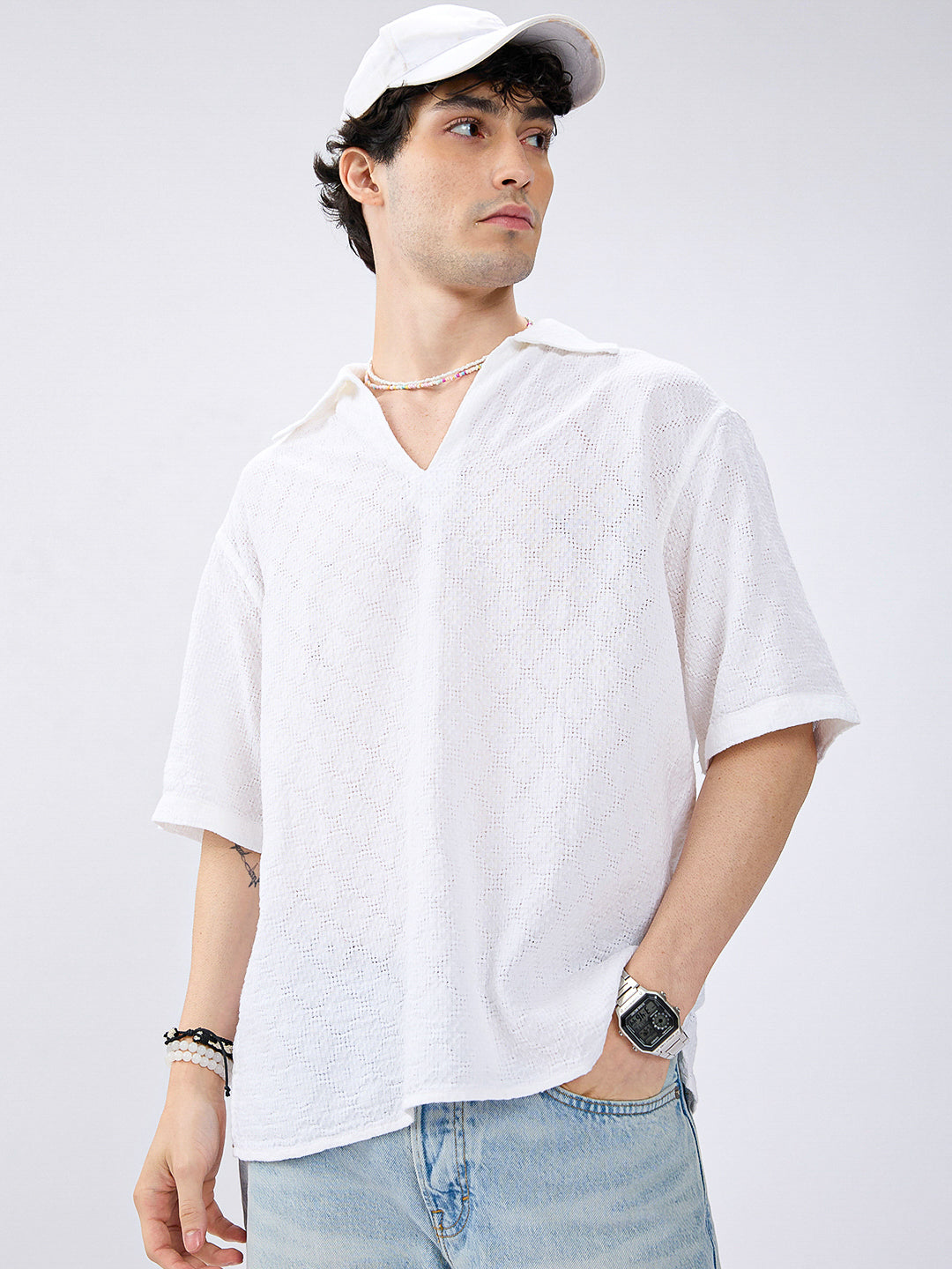 White Artisan Loop Weave Crochet Oversized Polo shirt