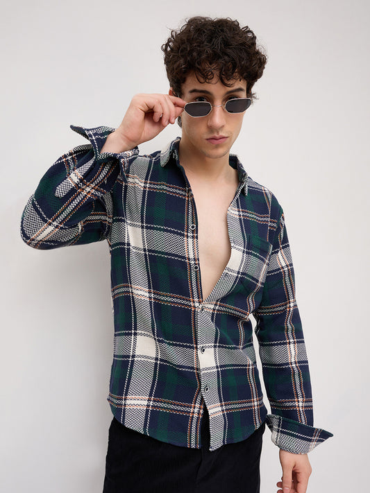 Navy Tweed Checks Tartan Checkered Flannel Shirt