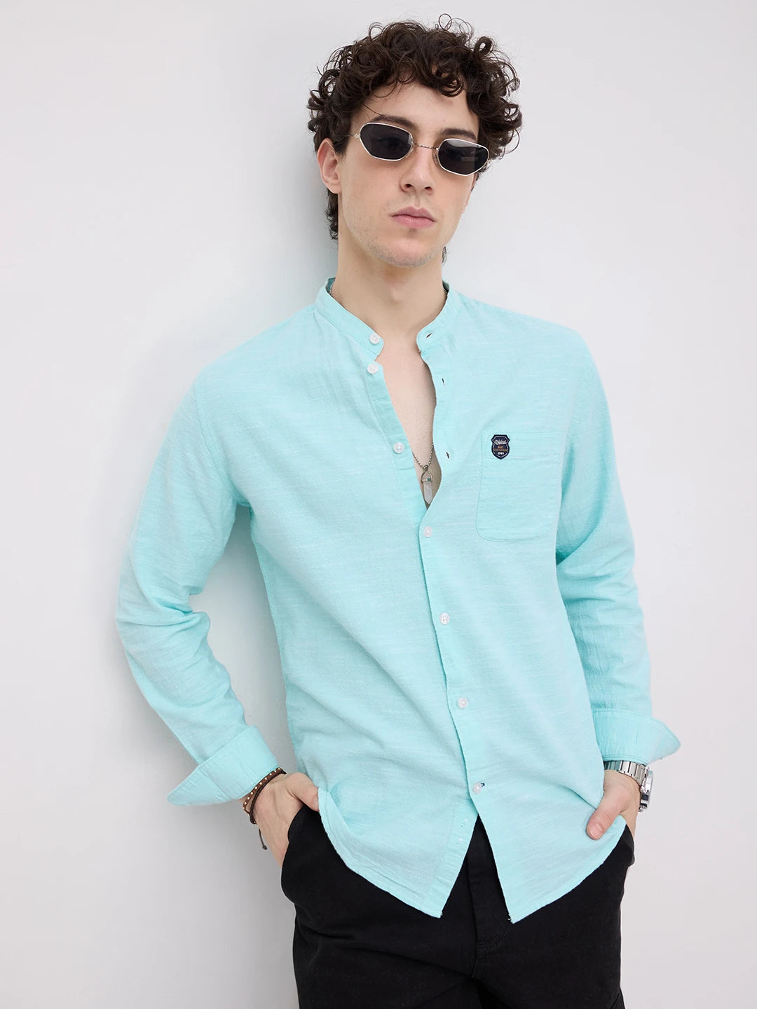 Spring Blue Textured Mandarin Collar Shirt
