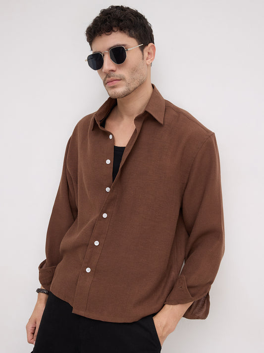 Plush Chocolate Brown Sheer Weave Boxy Fit Crop Shirt