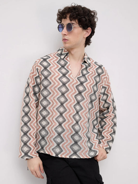 Retro Drift Chevron Striped Crochet Polo Oversized Shirt