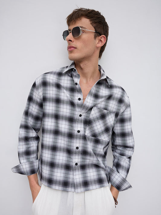 Black & White Tartanique Checked Boxy Fit Crop Shirt