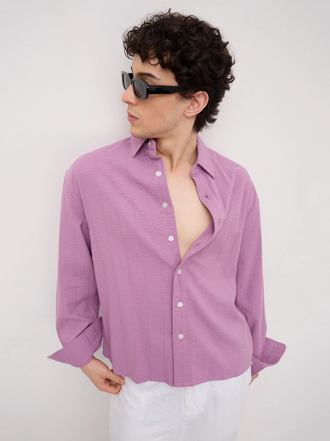 Luxury Purple Seersucker Striped Boxy Fit Crop Shirt