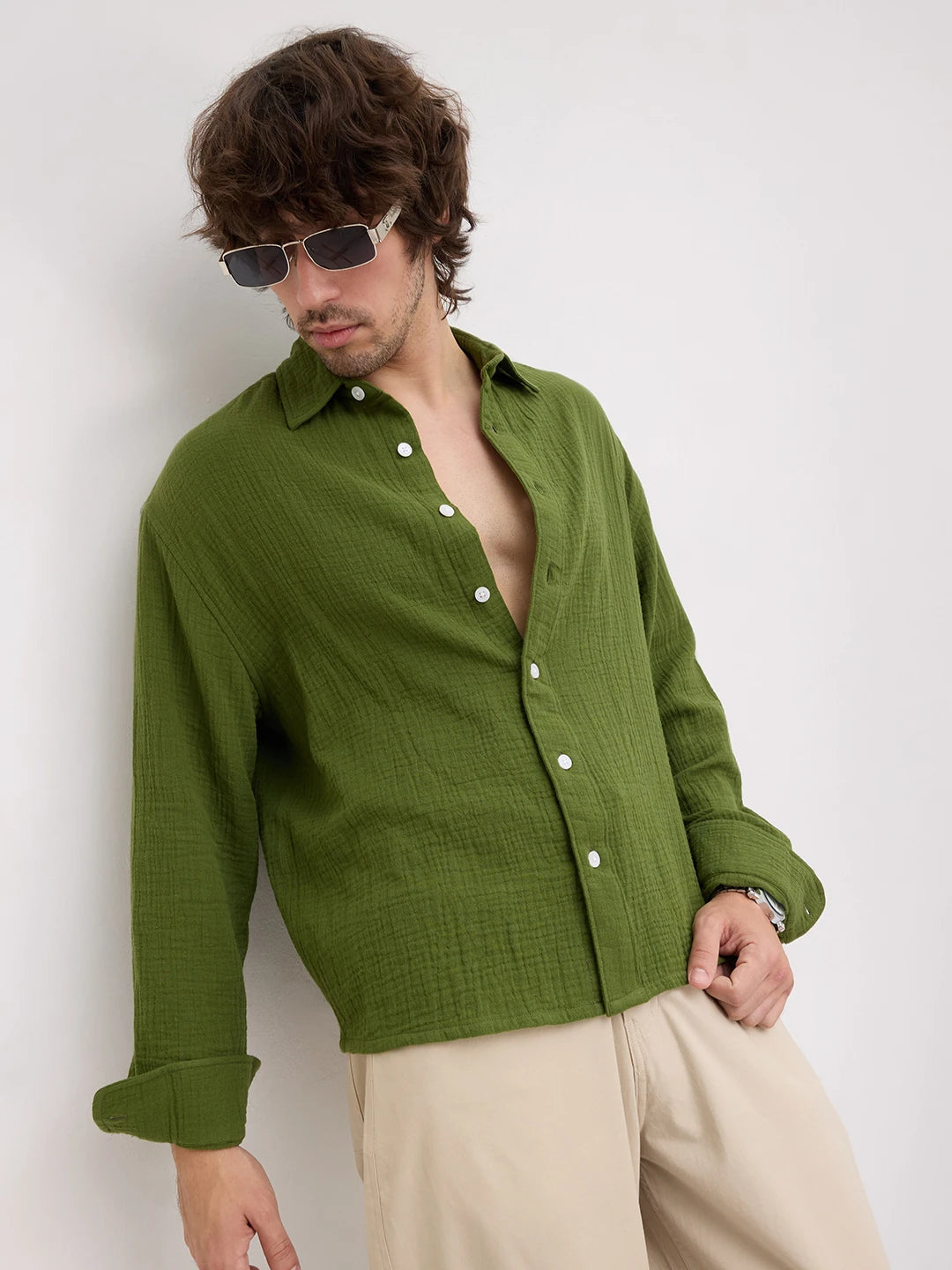 Evergreen Double Cloth Boxy Fit Crop Shirt