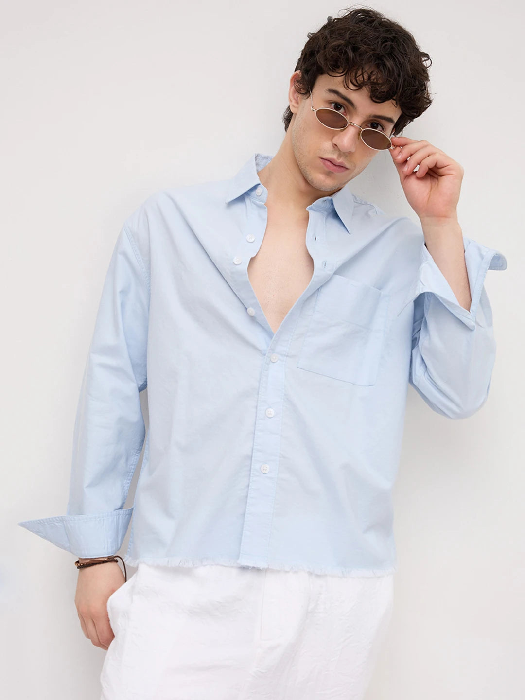 Carolina Blue Fine Textured Frayed Boxy Fit Crop Shirt
