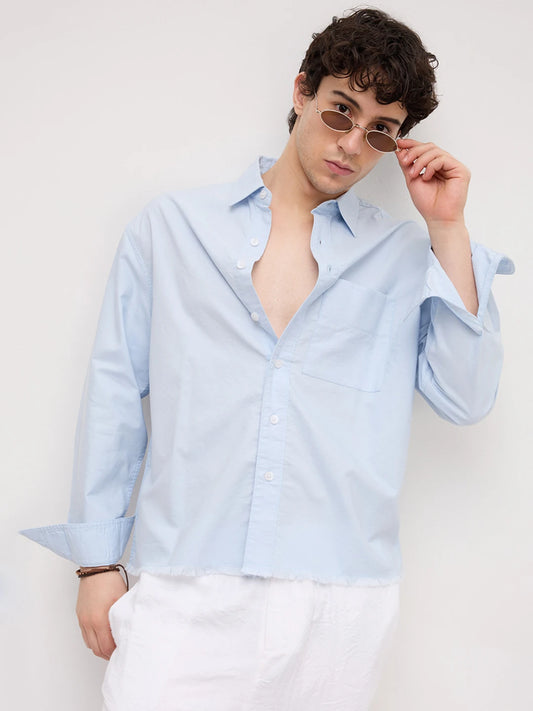 Carolina Blue Fine Textured Frayed Boxy Fit Crop Shirt