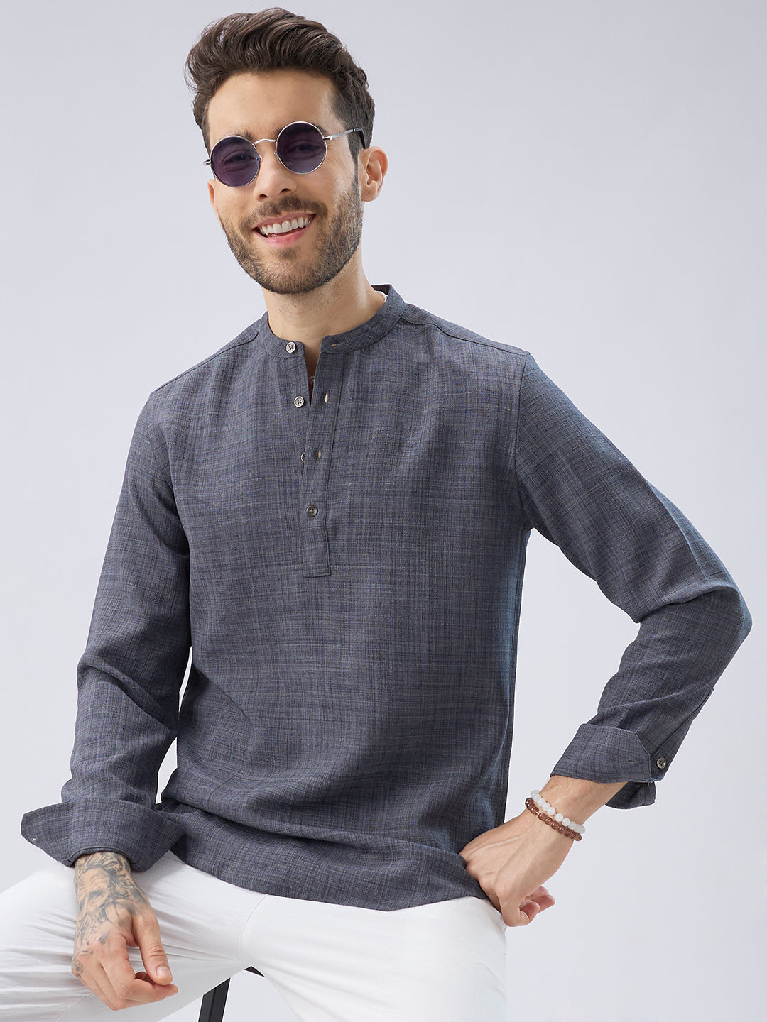 Arsenic Grey Slub Textured Kurta