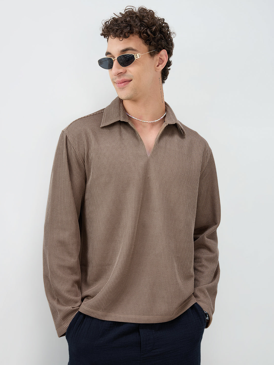 Brown Refined Textured Knitted Oversized Polo Shirt