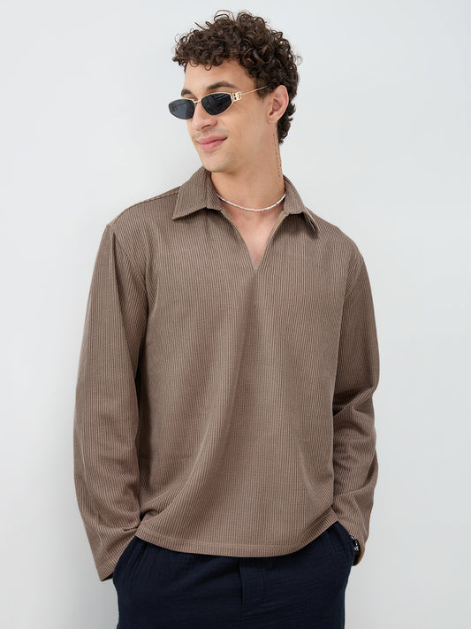 Brown Refined Textured Knitted Oversized Polo Shirt
