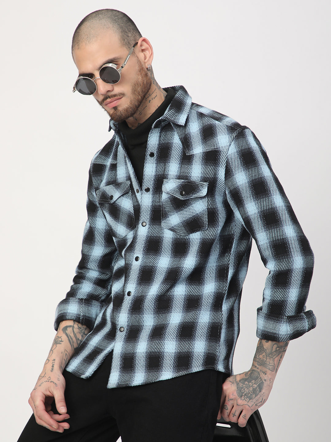 Black & Ice Blue Heavy Twill Checks Double Pocket Shirt
