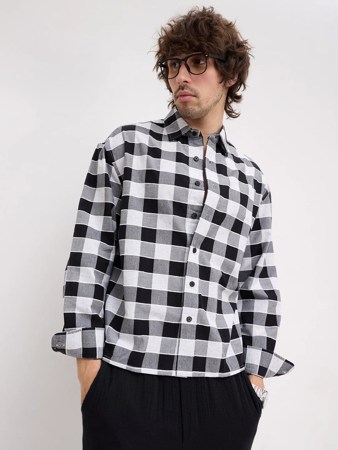 Black & White Ghingham Checks Boxy Fit Crop Shirt