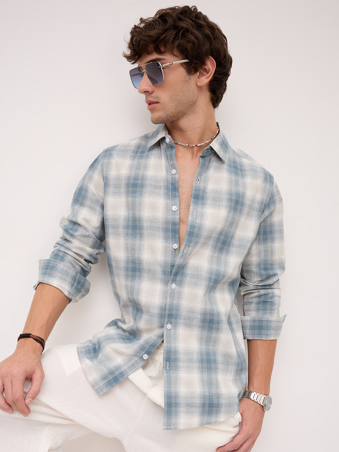 Premium Slate Blue & White Linen Blend Plaid Checks Shirt