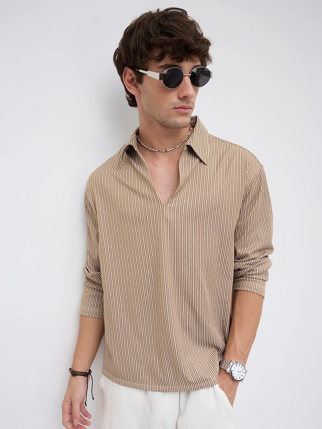Signature Chocolate Ivory Rib Striped Oversized Polo Shirt