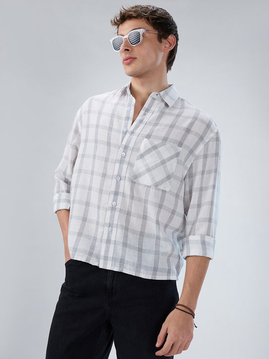 Stone Grey Checks  Fine-Weave Boxy Fit Crop Shirt