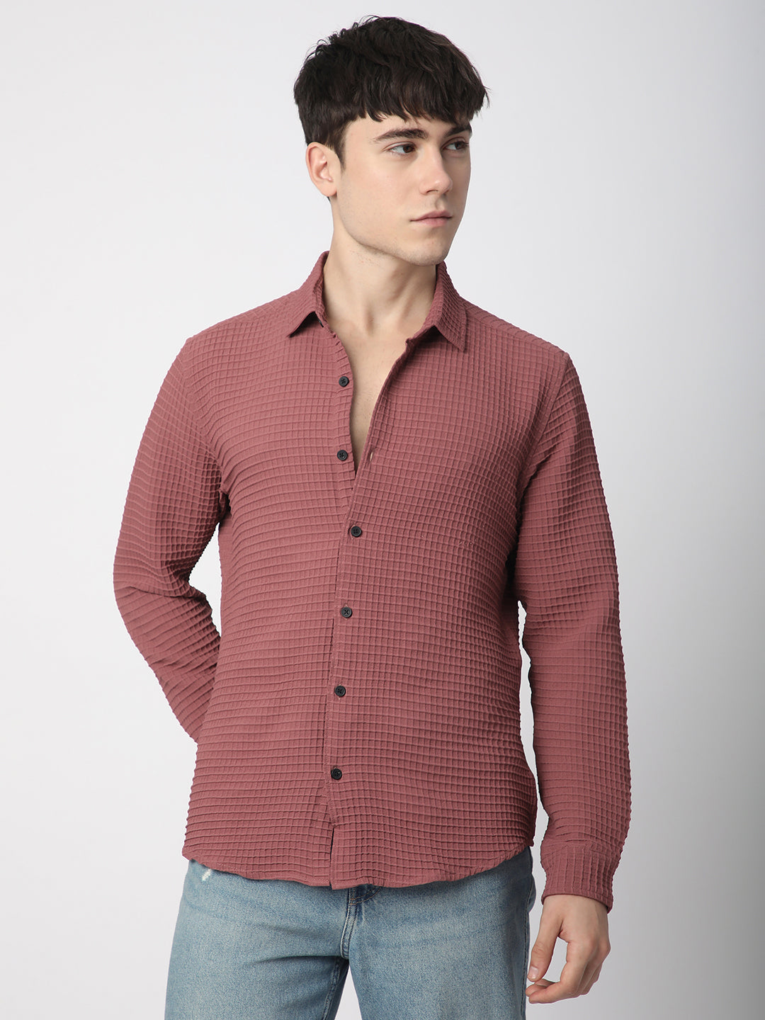 Vintage Maroon Tiny Box Checks Textured Emboss Shirt