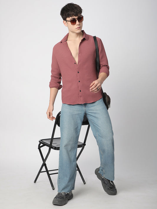 Vintage Maroon Tiny Box Checks Textured Emboss Shirt